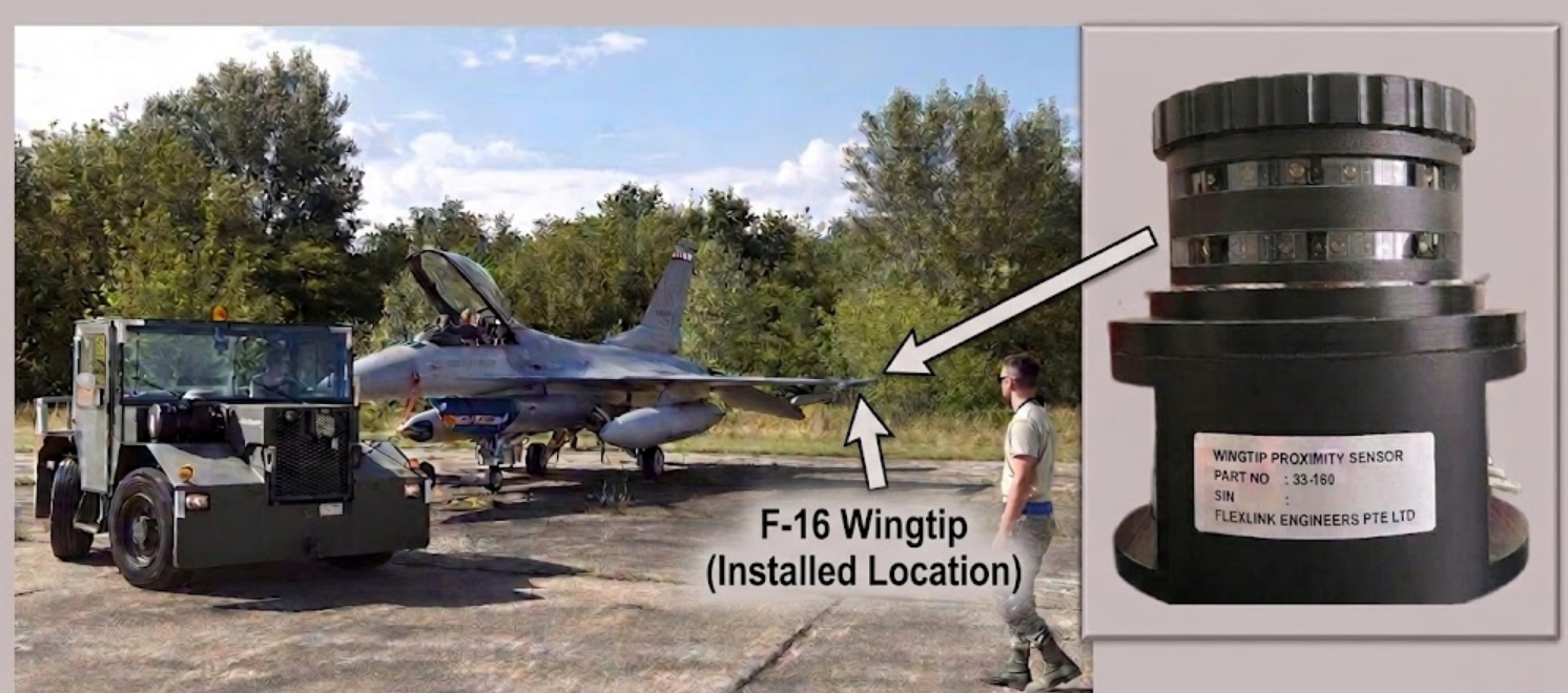 wingtip proximity sensor installed on F-16 Falcon during ground operations